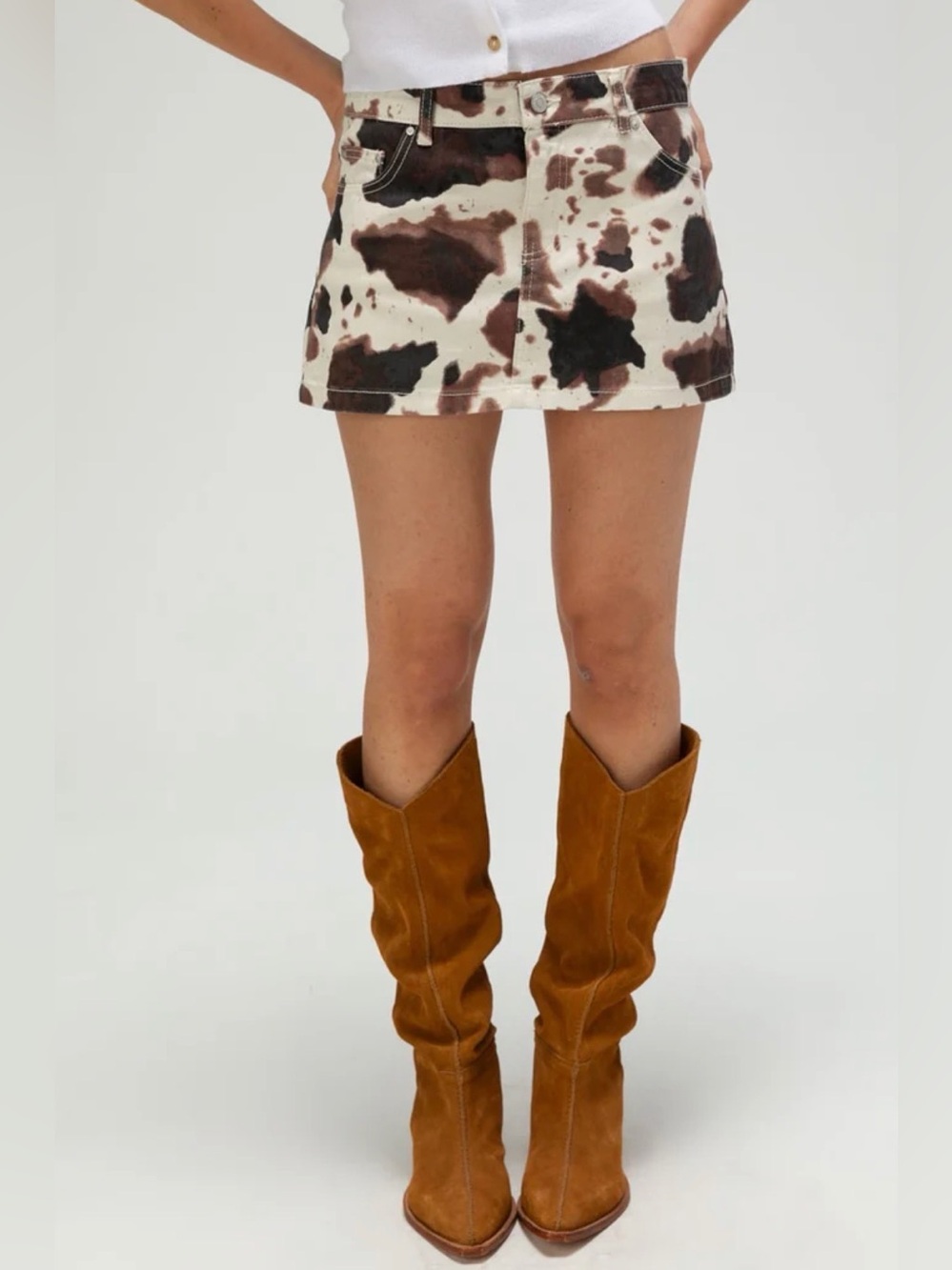 Womens Cow Print Denim Mini Skirt in Brown & Cream - West of Melrose - Size 28
